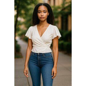 NEW White Peplum Eyelet Ruffle Sleeve Wrap Crop Top By Urban Romantics Size XL